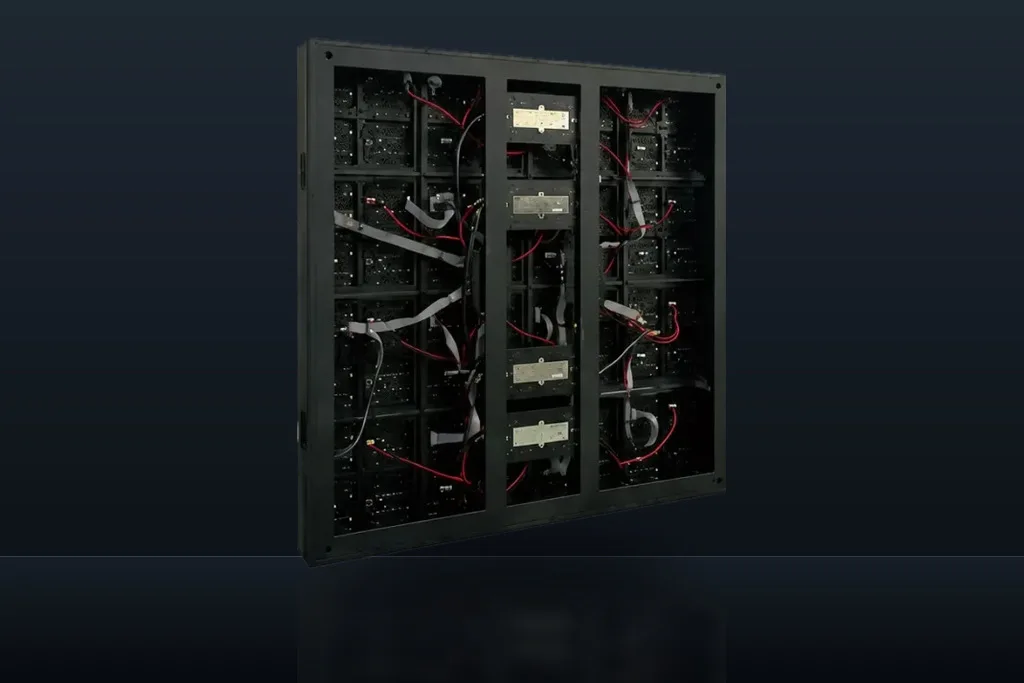 Rear view of LED display cabinets showing driver boards and cabinet structure for pitch selection