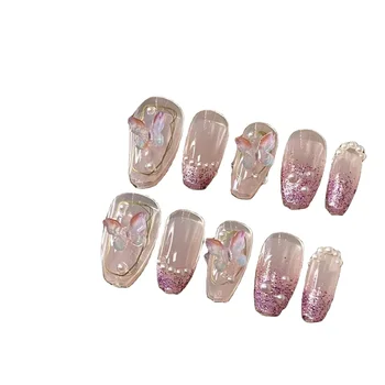 Finger application reusable press on nails girly almond nail art painting mixing color