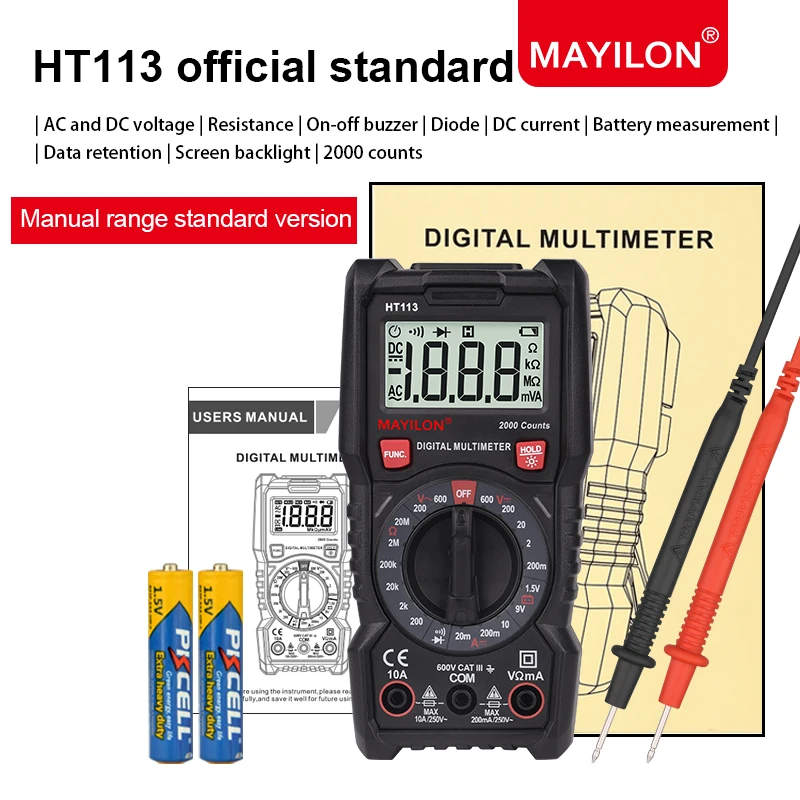 2000 Counts Manual Range Digital Multimeter MAYILON HT113A High Precision with LCD Display NCV Function