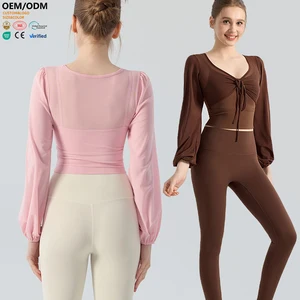 XW-MZ-434 Wholesale Quick Dry Breathable Fitness Lightweight Long Sleeve v Neck Yoga Drawstring Slimming Women's Sports Top