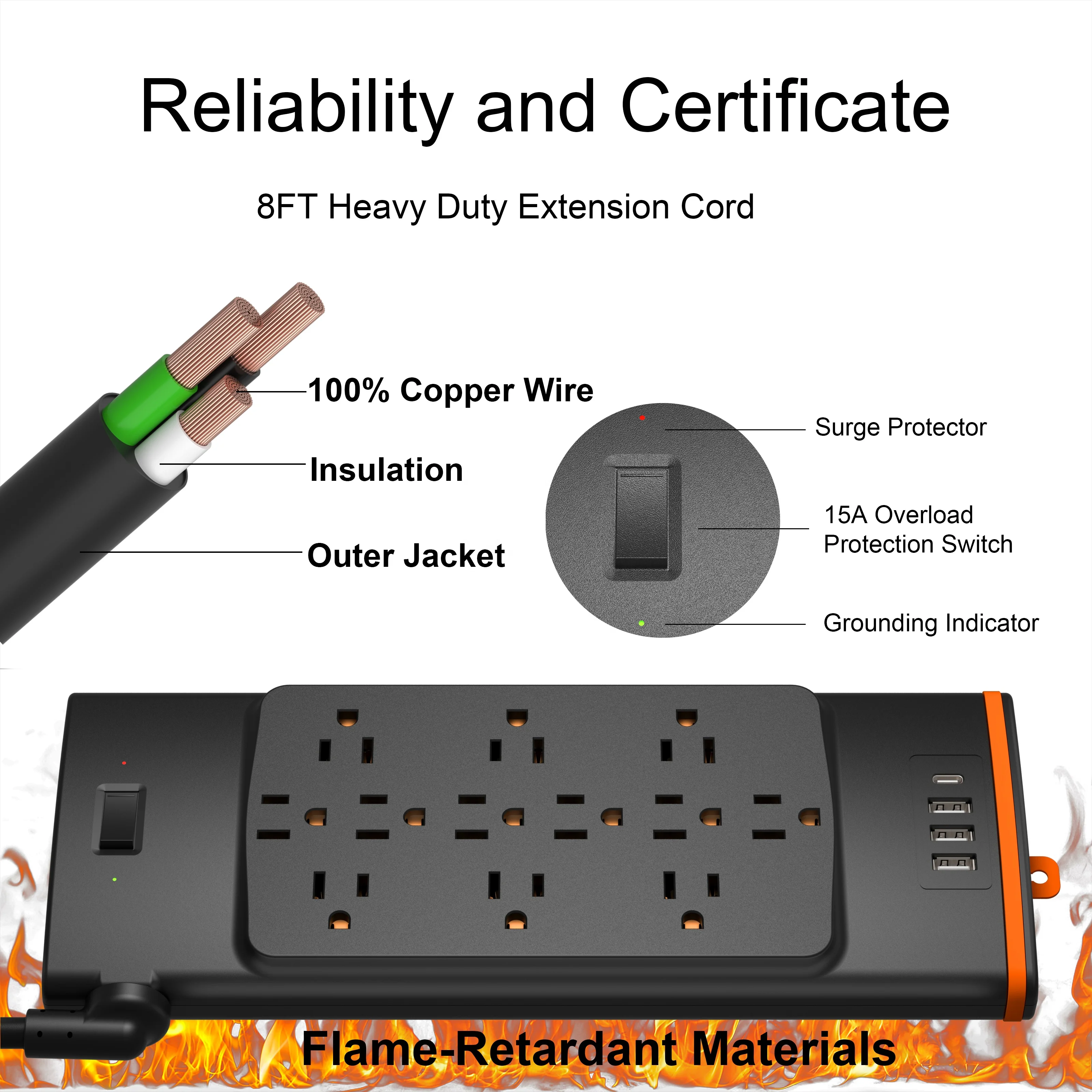 Us 12 Ac Outlet 2700 Joule Power Strip Multi Plug Extension Board With