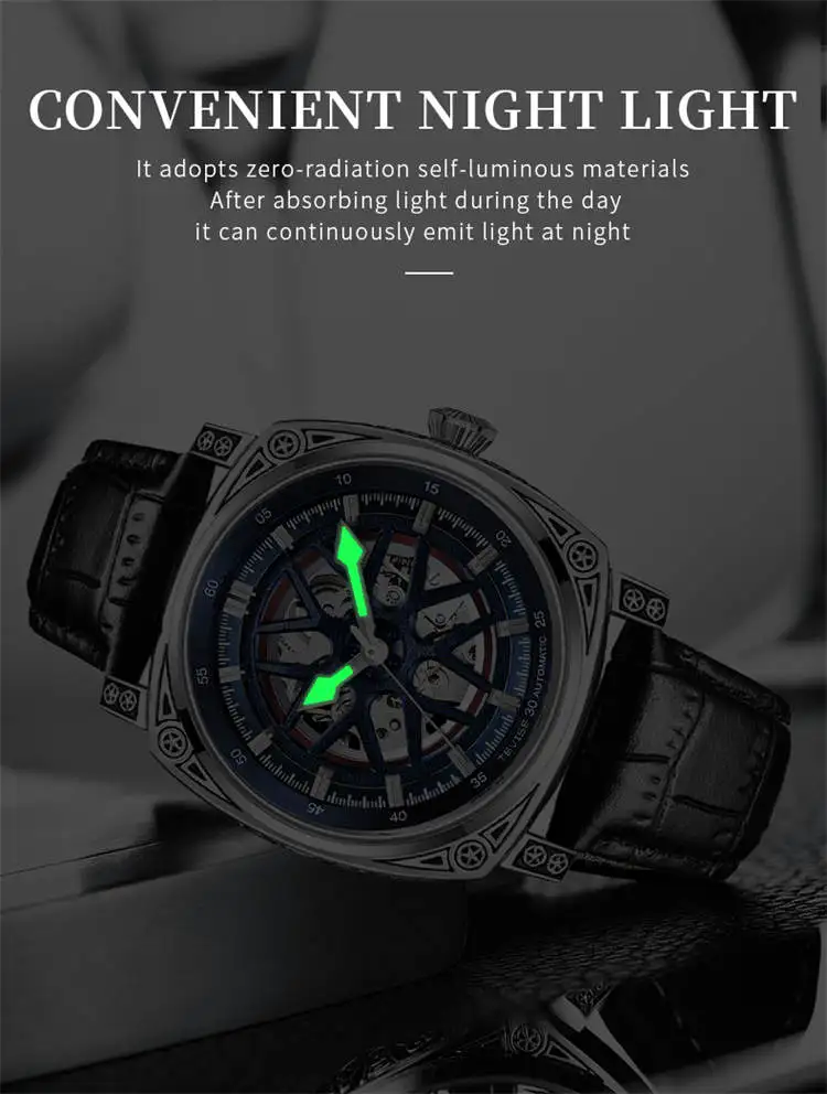TEVISE  894G Special OEM Men Mechanical Watch ECO Genuine Leather Strap Automatic Hollow Out Luminous Business Watch Company