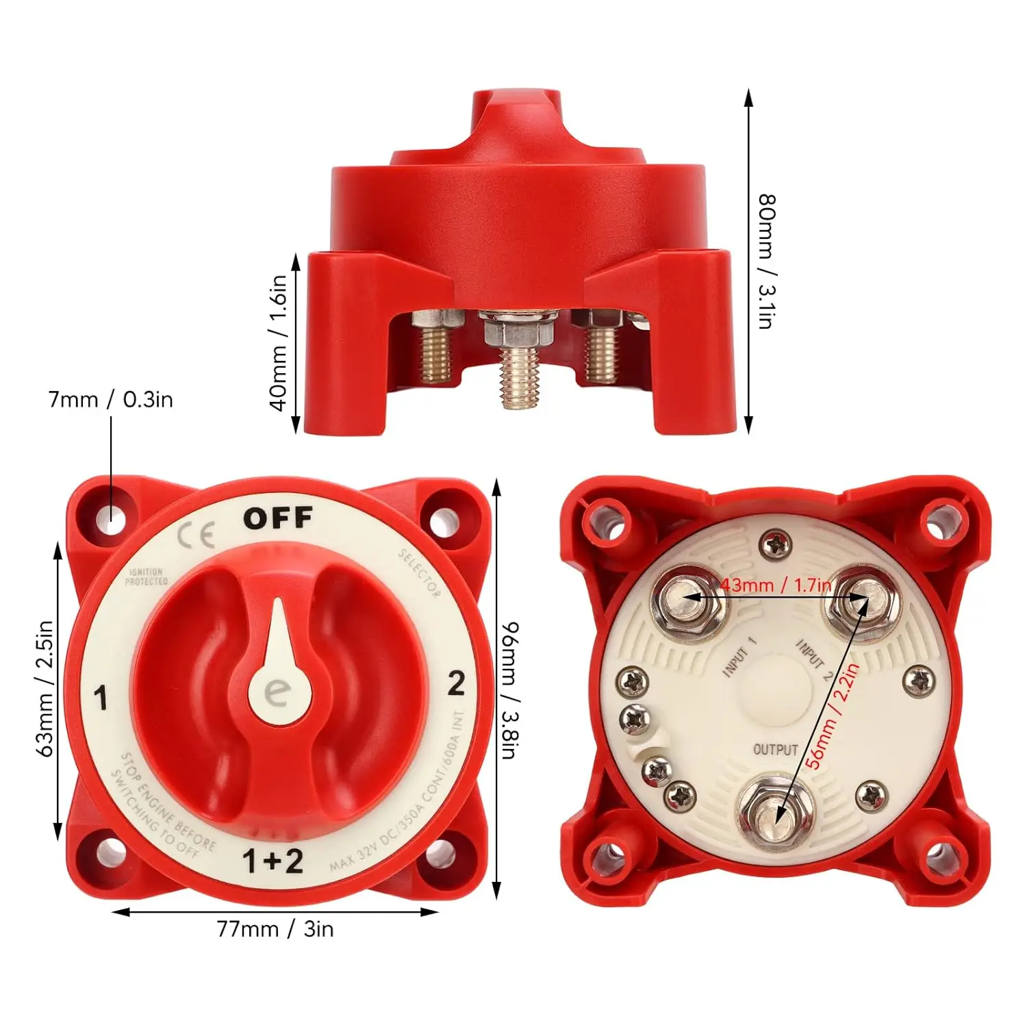 DC 32V 350A Battery Switch 4-Position Selector Marine Dual Boat Battery ...