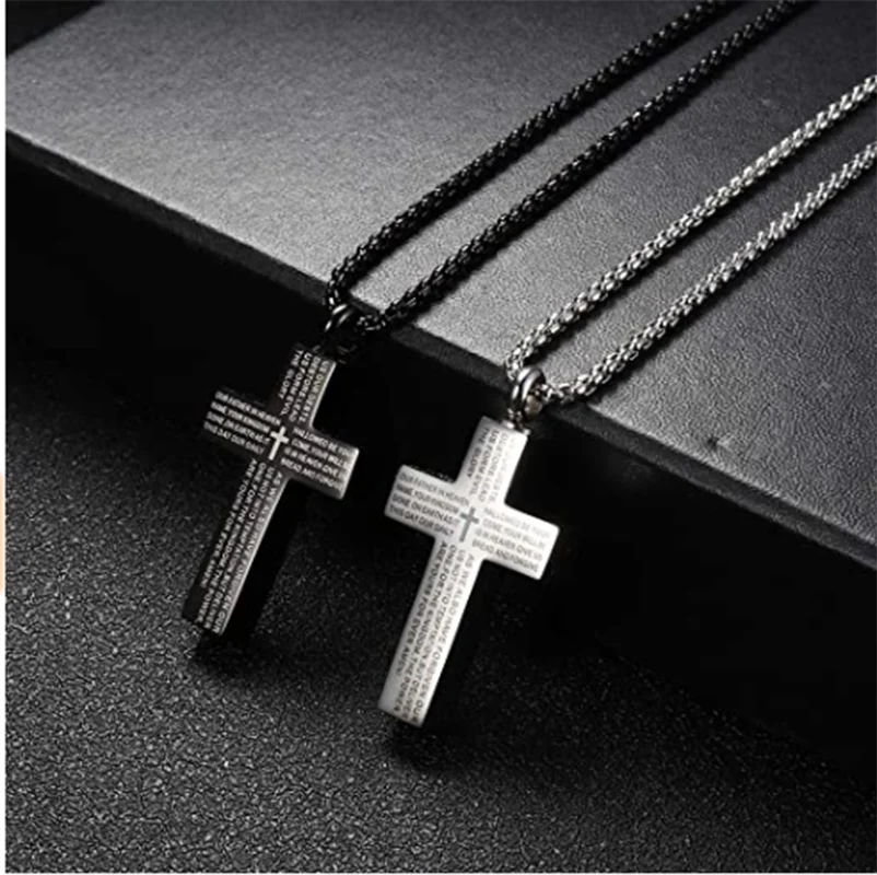 Cross Lords Prayer Pendant Necklace Stainless Steel In Black silver color Male Choker Cremation Urn jewelry for Memorial