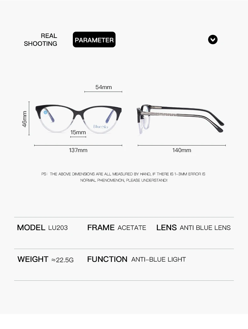 Fashion Design Acetate Cat Eye Double Color Clear Frame Blue Light