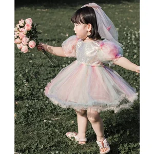 YOEHYAUL X3146 High Quality Baby Girl Frock Short Puff Sleeve Summer Fantasy Colorful Child Kids Party Princess Dress for Girl