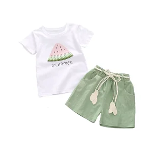OEM Customized Watermelon T-Shirt Tops Linen Shorts Outfits Cute Summer Girls Clothes Sets for 2-14 Years