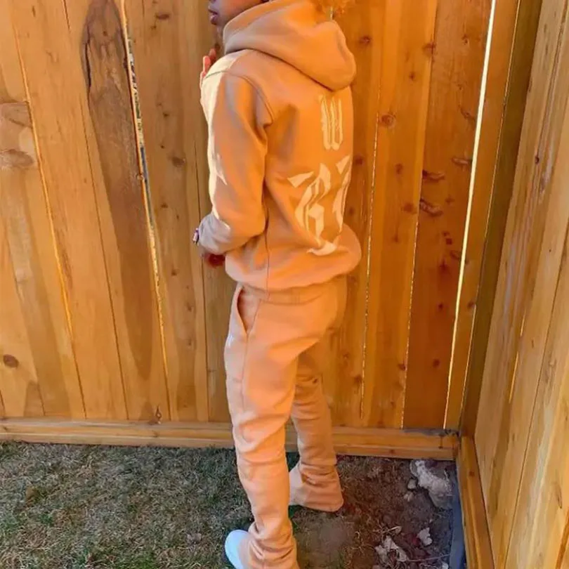 Oem Fleece Screen Print Pullover Hoodie Flared Pant Mens Tracksuit Sets