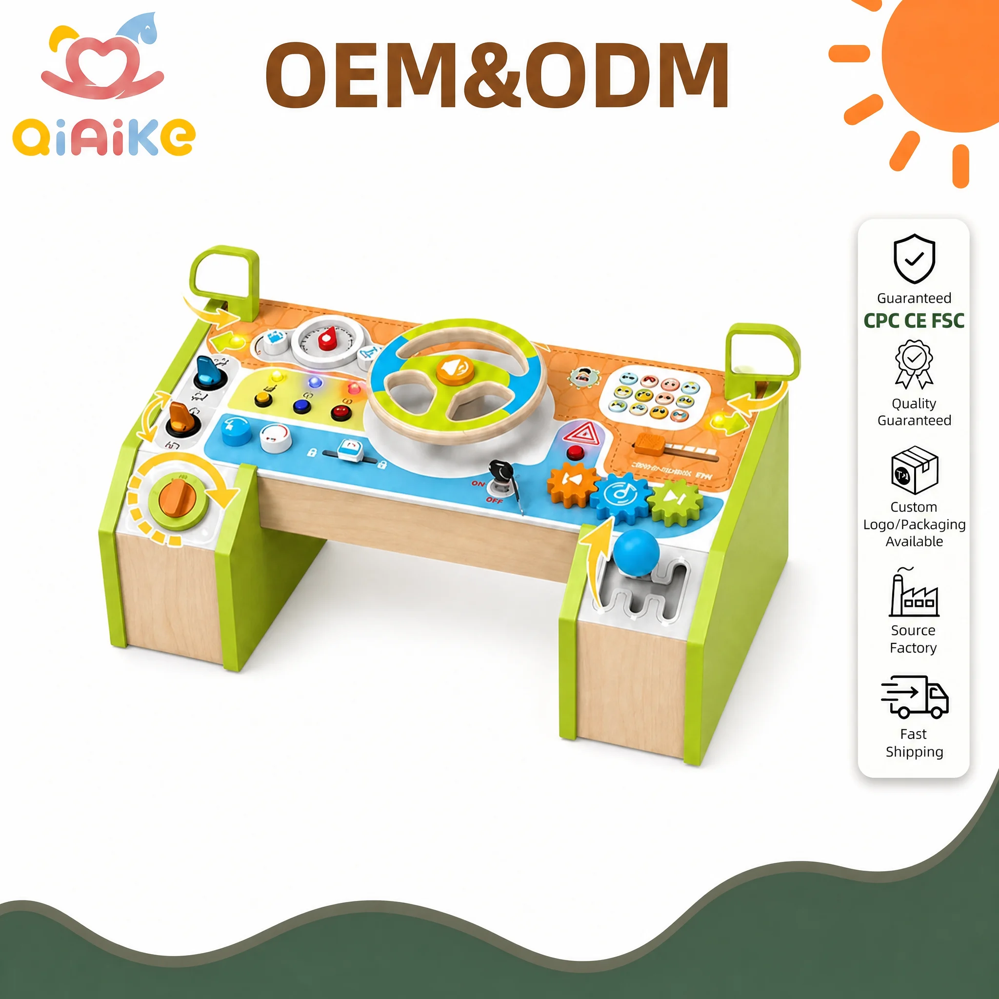 Wholesale Wooden Steering Wheel Activity Table Busy Board Montessori Sensory Fine Motor Learning Pretend Play Toy OEM ODM
