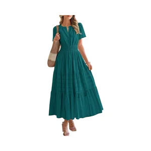 Women's Summer Casual Boho Beach Style Midi Maxi Dress Lightweight Short Sleeve V-Neck Elastic Waist Solid Pockets Floor-Length