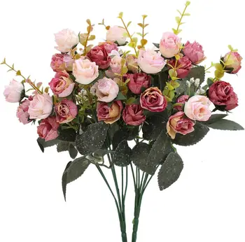 Artificial Flowers Branch 21 Heads Silk Leaf Rose Wedding Floral Decor Bouquet Pack of 2 Small Size Pink Coffee