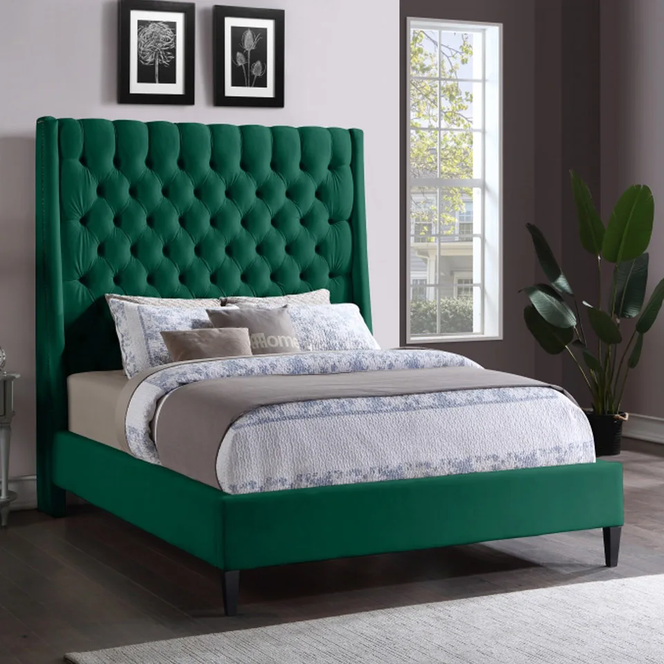 Nordic Design With Crystal Button Tufted High Headboard Bed Adjustable Bed Frame King Size Bedroom Furniture Set