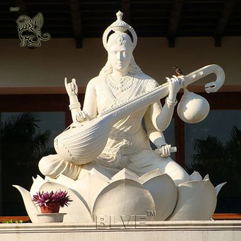 BLVE Outdoor Garden Handcarved Hindu Goddess Sitting Lotus White Marble Saraswati Statue for India
