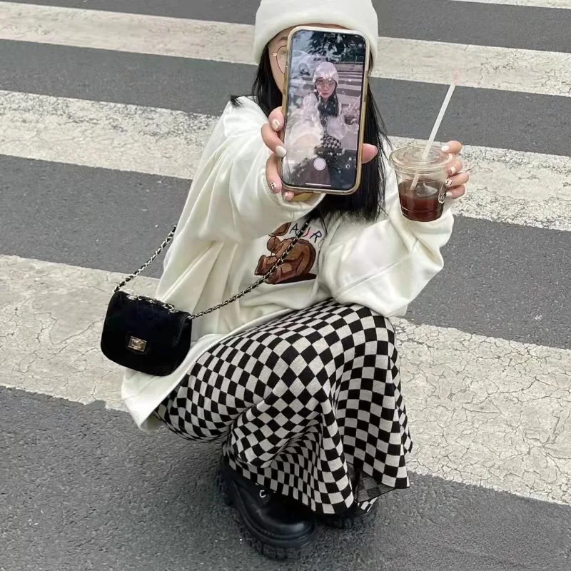 Women's Midi-length Fitness Autumn and Winter Plaid knitted skirt Knitwear High Stretch Girls Skirts