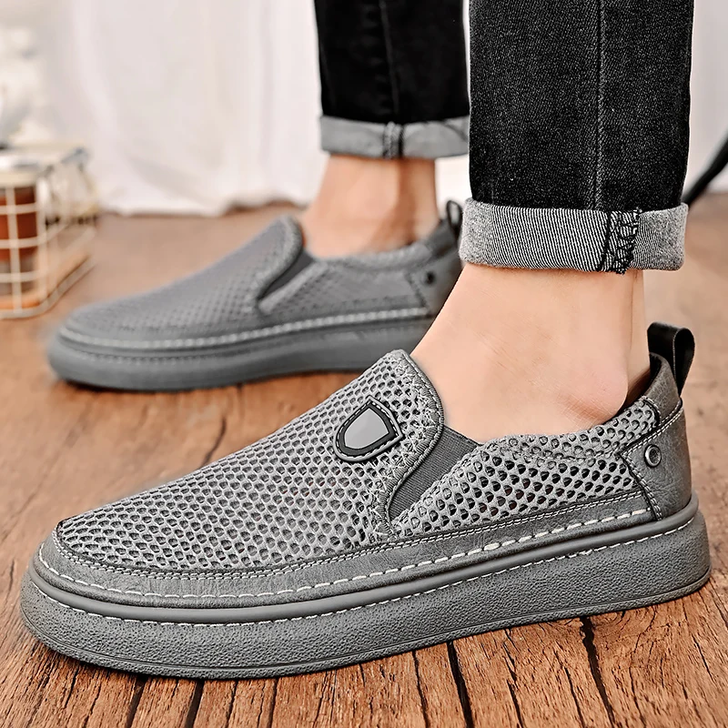 OEM Service In Ready Stock Genuine Leather Mesh Breathable Upper Men Summer Casual Loafers