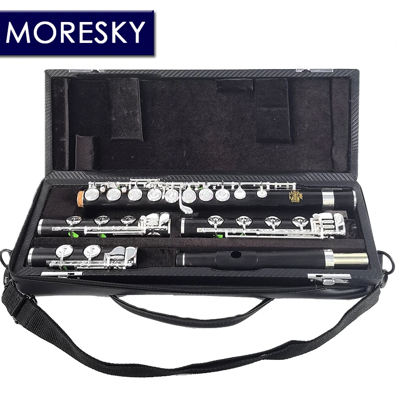 MORESKY Ebony Flute /C+B+Bb Foot 16+17+18 Open Hole Silver Plated