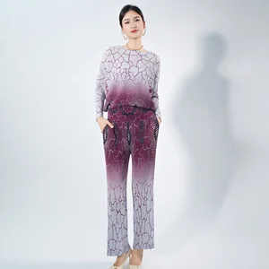 Women's Summer Fashion Geometric Print Long Sleeve Set Femme Casual Sporty 2Pcs Set Pleated Tops Pants Set