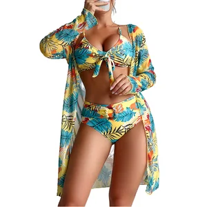 Floral Printed Sexy Backless Halter Bikini New High Waist Hard Cup Swimsuit Beachwear Two-Piece Set