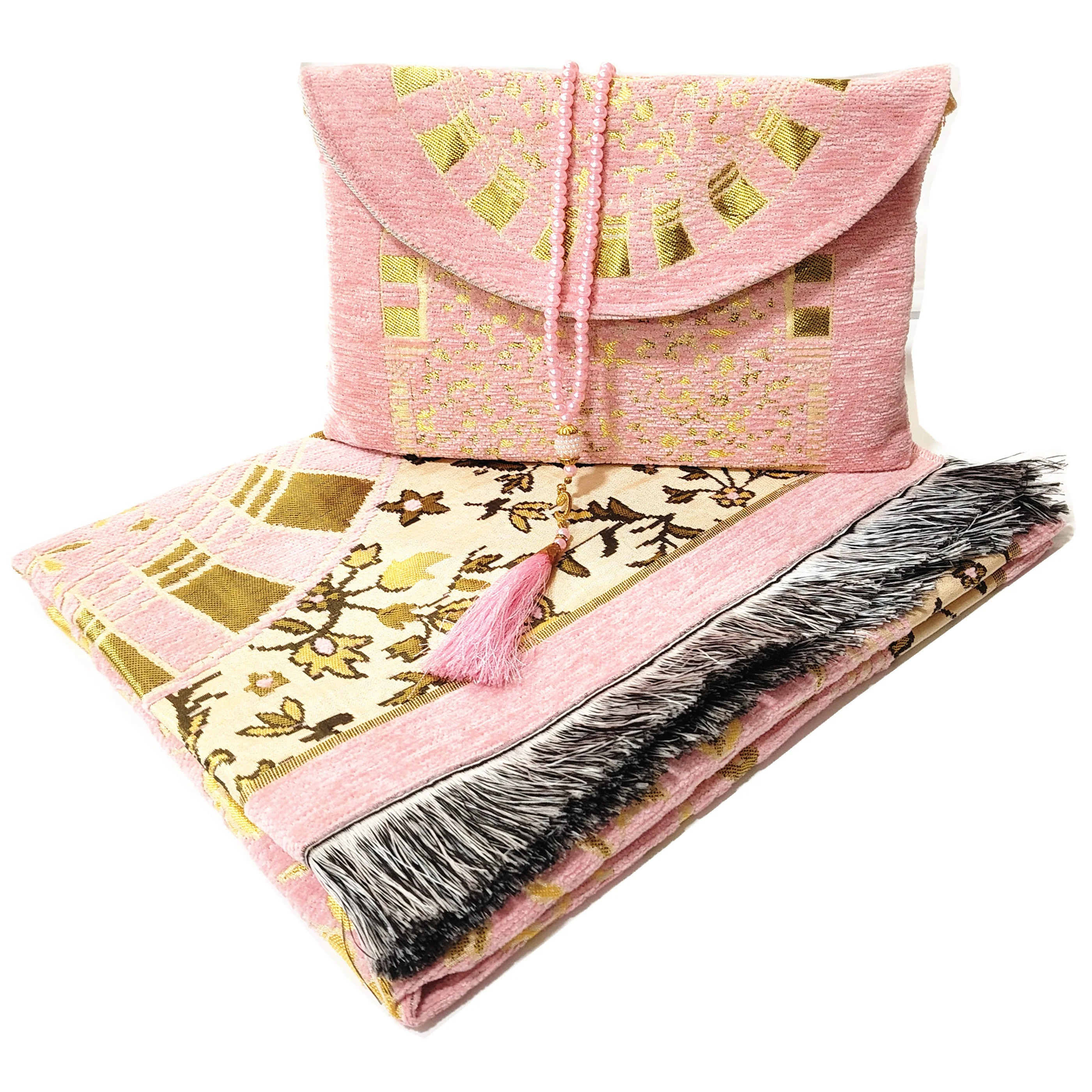 Portable Synthetic Cushioned Floral Modern Islamic Prayer Mats & Rugs Gift Set For Home Use With Rosary Set_voghion.com