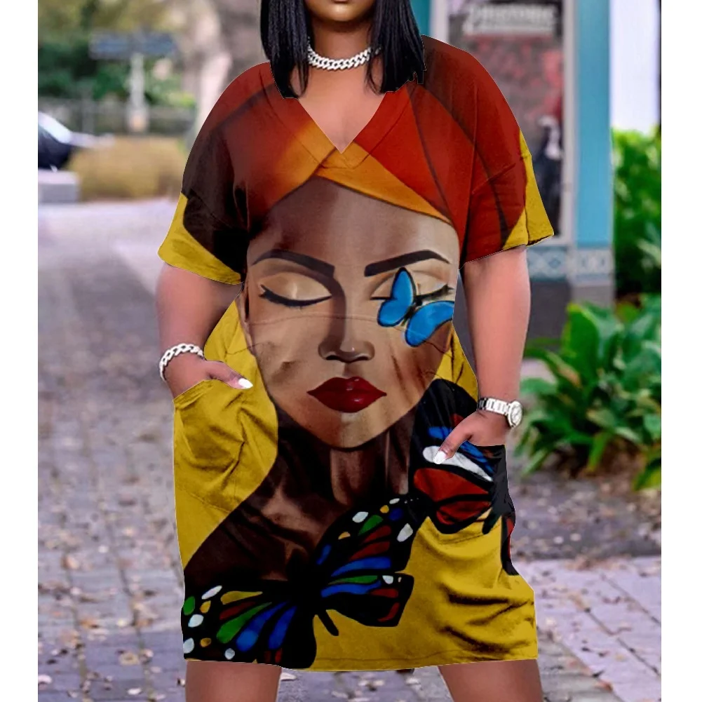 plus size graphic shirt dress Slaydiva Plus Size Multicolor Graphic Print Casual Long Shirt Dress With Collar And Sleeveless Flared Hem For Women