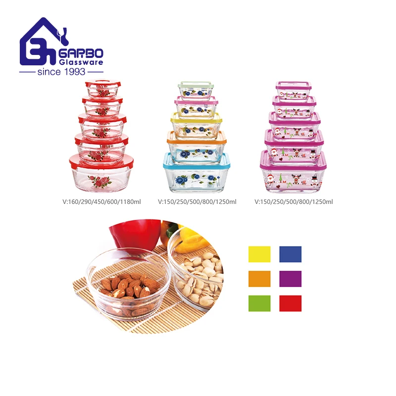 5pcs Food Fruit Home Kitchen Outdoors Lunch  Decaled Printing Plastic Lid Glass square Container Storage Box Glass Bowl Set