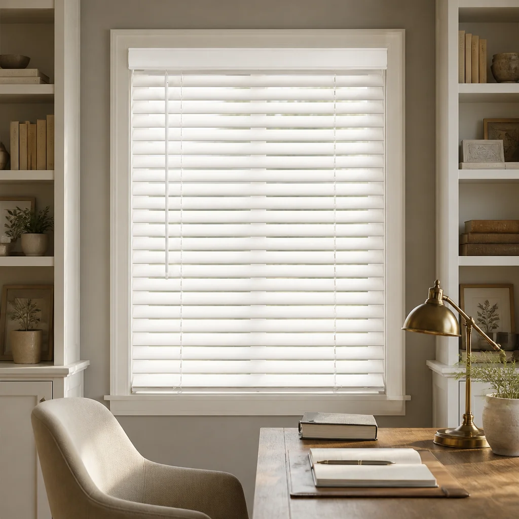PVC Venetian Blinds 50mm Slats White Crown Headrail Tilt Wand Pull Cord Waterproof Custom Size Home Office Built-In Horizontal