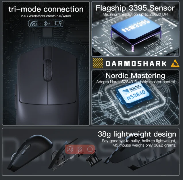 M5 Silent Rechargeable Wireless Gaming Mouse – 26000 DPI & Optical Tracking