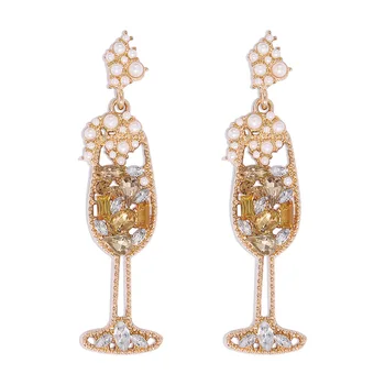 Luxury Goblet Shape Inlaid Pearl Long Drop Dangle Ear Aesthetics Accessories Martini Cocktail Glass Crystal Rhinestones Earrings
