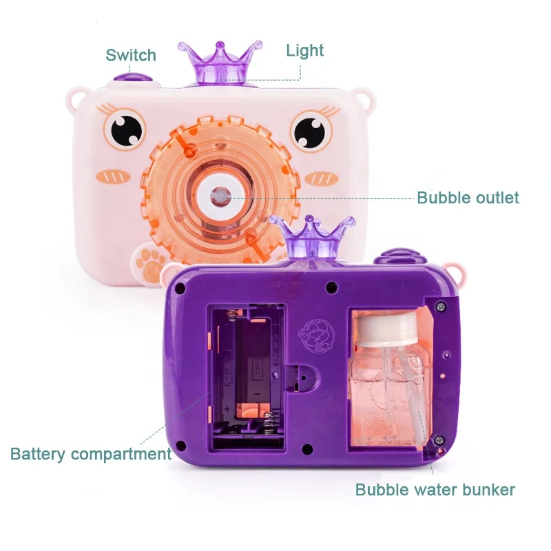 Hot Selling Summer Battery Operated Camera Electric Imperial Crown Frog Rabbit Bubble Machine Toy with Light and Music for Kids