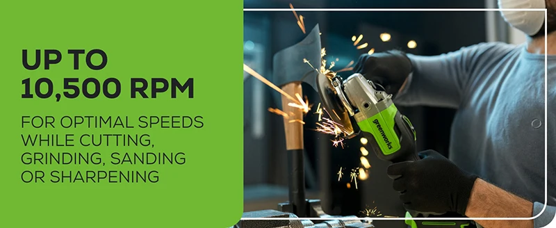 Meuleuse d'angle Greenworks 24 V, moteur sans balais, disque de 100 mm (4 pouces), broche M10, 2 vitesses variables jusqu'à 10 500 tr/min, batterie 4 Ah et chargeur inclus._voghion.com