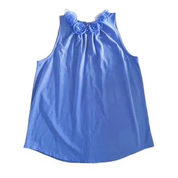 Women's Elegant Collar 3D Floral Decoration T-shirt Handmade Beaded Buttons Sleeveless Top for Women