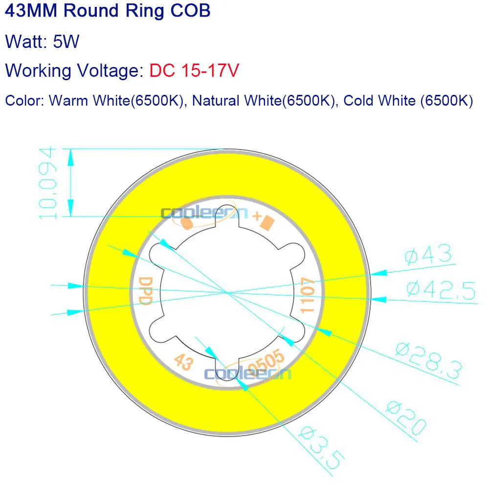 43mm Round COB LED Ring Light Chip for Flashlight Work Lamps Decoration Lighting 3W 5W 7W 10W LED Bulb Warm Day Cold White
