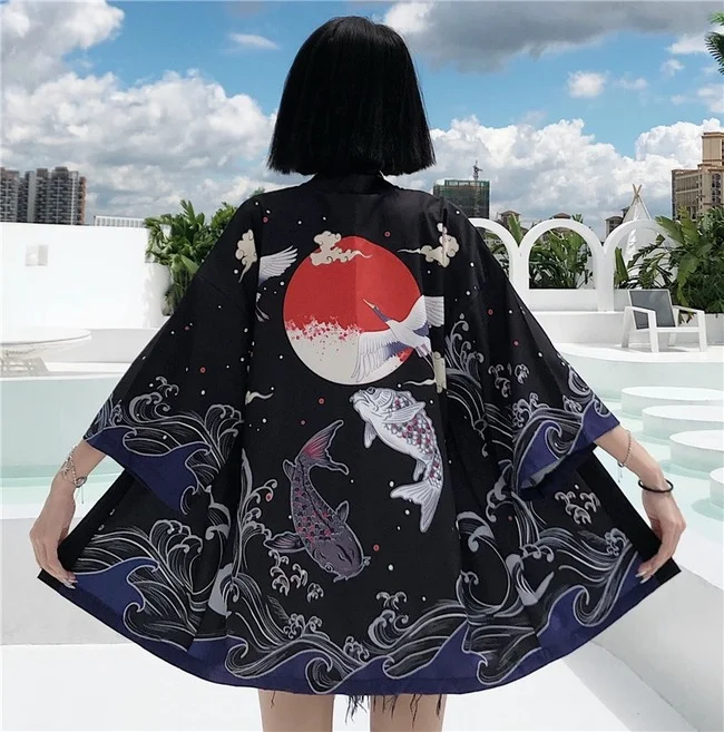 Japanese Fish Print Kimono Cardigan Harajuku Traditional Women Cosplay ...