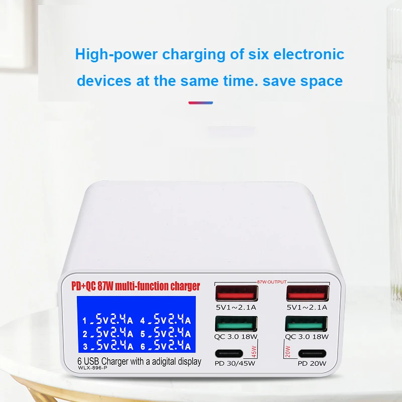 87W Multi-Port Digital Display LED Charger New Design Quick Charging Station for Mobile Phones Laptops Portable Electric PD