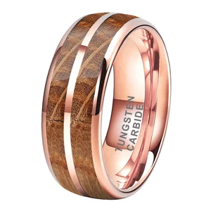 Coolstyle Jewelry 8mm Whisky Barrel Oak Wood Inlay Rose Gold Plated Tungsten Ring for Men Women Fashion Engagement Wedding Band