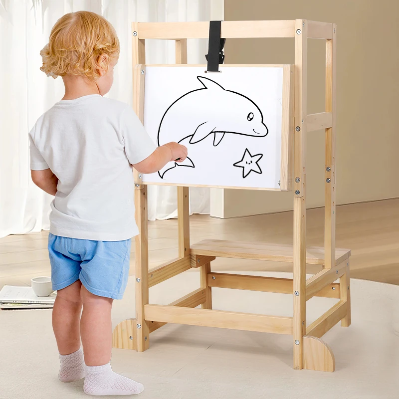 Qiaike Nakakabit na Taas na Step Stool sa Kusina Para sa mga Bata Ligtas na Learning Tower na Kahoy Montessori Kitchen Helper Toddler Tower