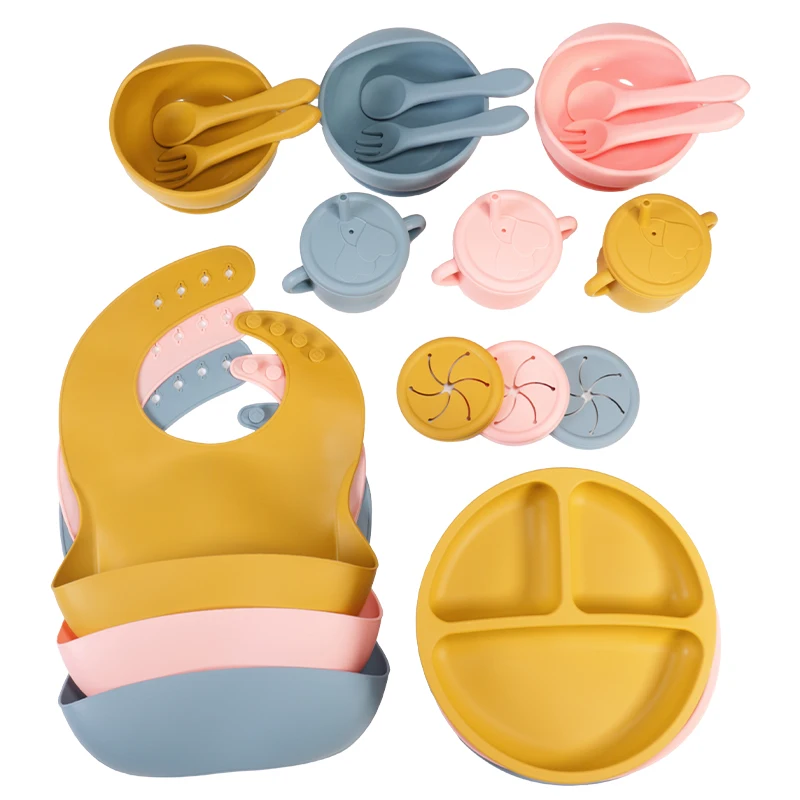 Wholesale bpa free food grade feeding waterproof customized silicone baby plate bibs spoon bowl tableware set