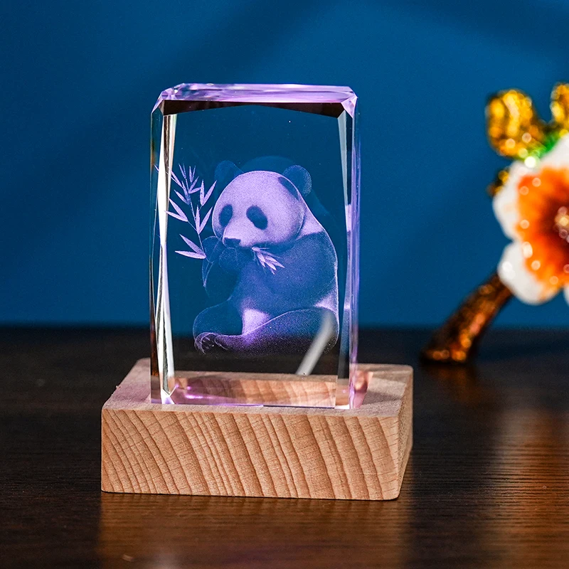 3D Laser Panda Souvenir Factory Wholesale Custom 3D Engraving Design Crystal Cubes With Wood LED Base factory