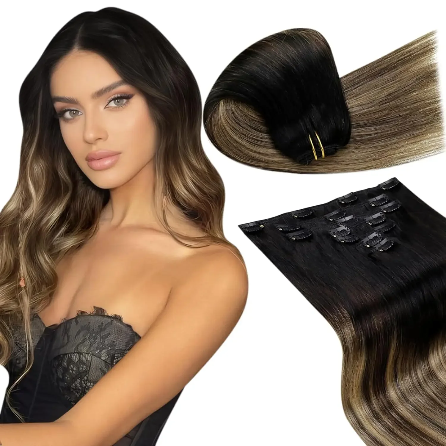 LaaVoo Clip in Human Hair Extensions Balayage Bruin Braziliaans Remy Recht Dubbele Inslag_voghion.com