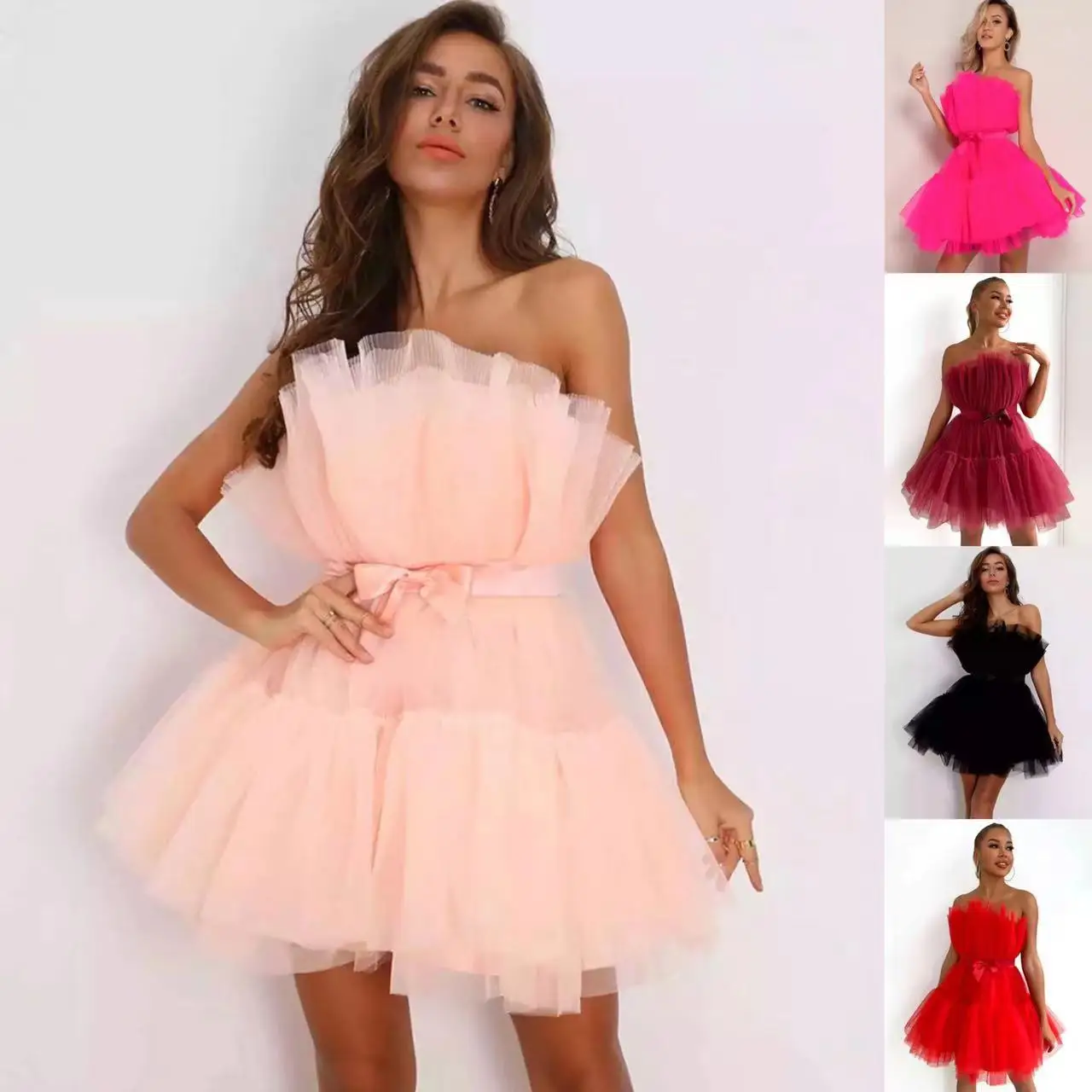knee length dresses for ladies Ruffle Mesh Hem Tube Dress With Draped Scarf – Famekey