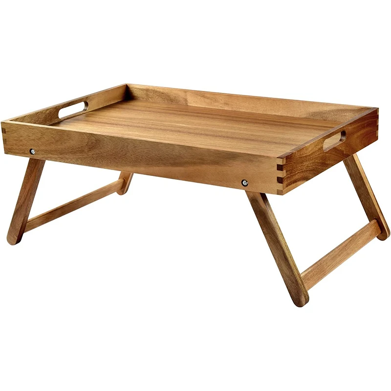 2026 New Arrival Acacia Wood Folding Breakfast Bed Table Tray Laptop Desk Serving Tray for Living Room Beverage