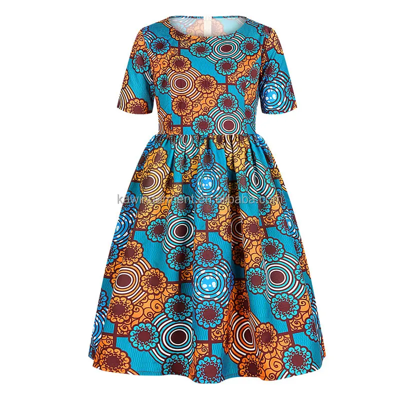 Fashion digital printing short sleeve O-neck african wax dresses ankara lady princess dress