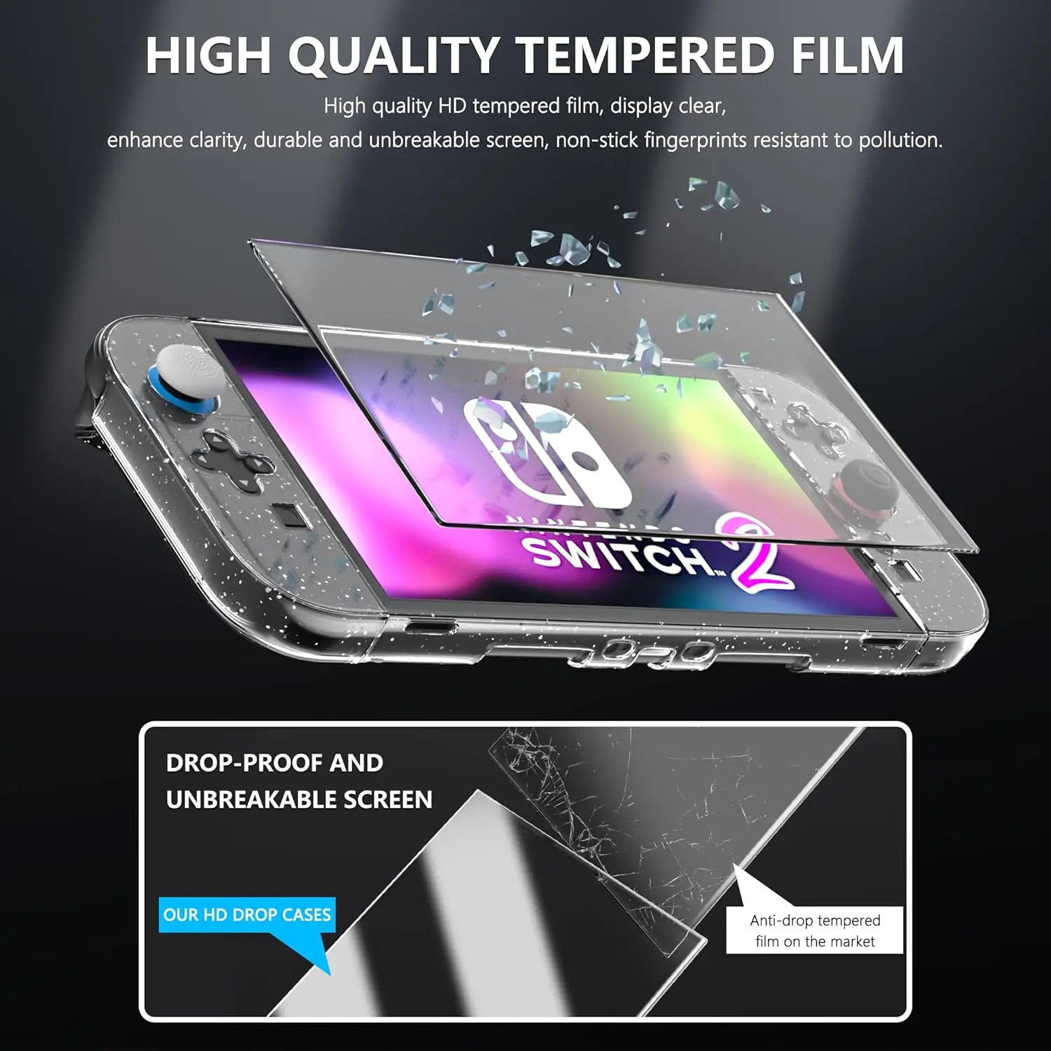 product clear glitter case for nintendo switch 2 2025 protective cover with screen protector 4 thumb grip caps strong and durable-3