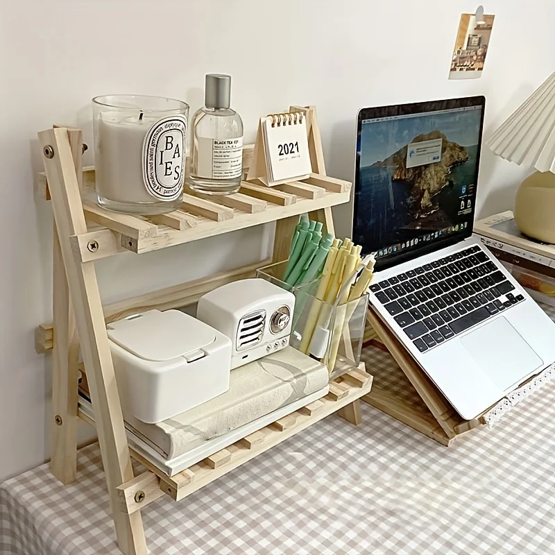 A Two-Layer Desktop Wooden Storage Organization Shelf Trapezoidal Desktop Display Shelf