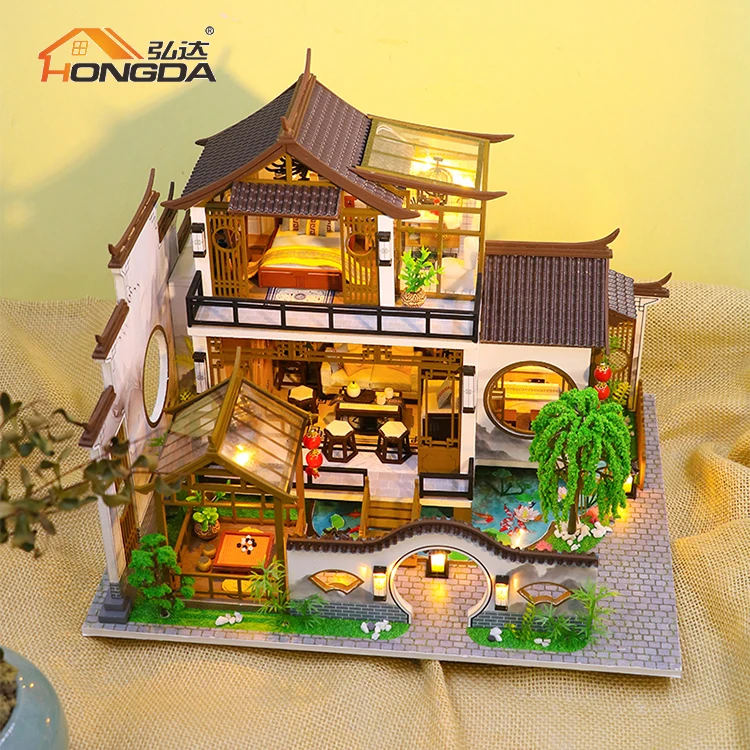 Hongda 2023 Chinese Style PC2314 Poetic Charm Theme Wooden Dollhouse Diy Miniature Dollhouse Kit