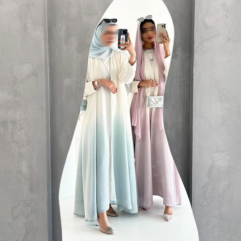Stock White pink Gradient Open Abaya Dress Set Lasted Design Two Tone Dubai Muslim Cardigan Kimono With Free Matching Hijab Stock White pink Gradient Open Abaya Dress Set Lasted Design Two Tone Dubai Muslim Cardigan Kimono With Free Matching Hijab