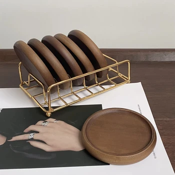 Set of Six Japanese-style Wooden Coasters with Golden Iron Frame - Bamboo Wood Heat Insulation Coasters