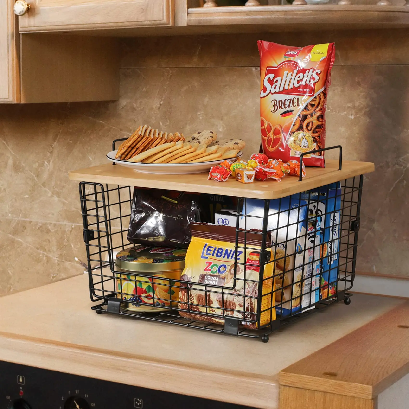Kitchen Countertop Organizer Foldable Wire Fruit Basket Stackable Folding Storage Baskets With Wood Lid