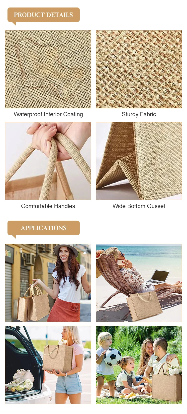 Custom Printing Natural Grocery Shopping Hessian Bags Beach Handbags Jute Gunny Tote Bag Blank Burlap Tote Bag manufacture