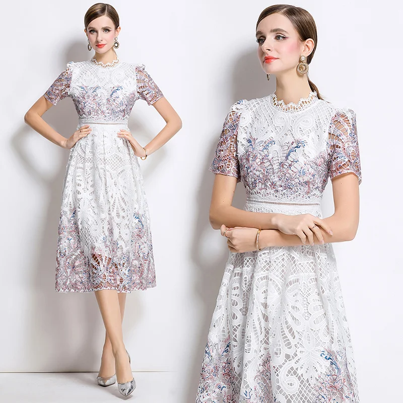 Droma in Stock 2025 Summer Elegant Hollow a Line Dresses Beautiful Lace Evening Fashion White Dress for Women